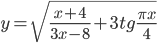 y=\sqrt{\frac{x+4}{3x-8}+3tg\frac{\pi x}{4}}