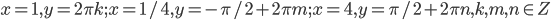 x=1, y=2\pi k; x=1/4, y=-\pi/2+2\pi m; x=4, y=\pi/2+2\pi n, k,m,n \in Z