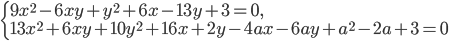 \left\{\begin{array}{l l} 9x^2-6xy+y^2+6x-13y+3=0,\\ 13x^2+6xy+10y^2+16x+2y-4ax-6ay+a^2-2a+3=0 \end{array}\right.