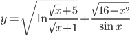y=\sqrt{\ln\frac{\sqrt{x}+5}{\sqrt{x}+1}}+\frac{\sqrt{16-x^2}}{\sin x}