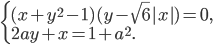 \left\{\begin{array}{l l} (x+y^2-1)(y-\sqrt{6}|x|)=0,\\2ay+x=1+a^2.\end{array}\right.