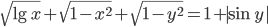 \sqrt{\lg x}+\sqrt{1-x^2}+\sqrt{1-y^2}=1+|\sin y|