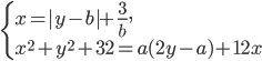 \left\{\begin{array}{l l}x=|y-b|+\frac{3}{b} ,\\x^2+y^2+32=a(2y-a)+12x\end{array}\right.
