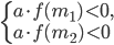 \left\{\begin{array}{l l} a\cdot f(m_1)<0,\\ a\cdot f(m_2)<0 \end{array}\right.
