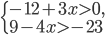 \left\{\begin{array}{l l} -12+3x>0,\\ 9-4x>-23\end{array}\right.