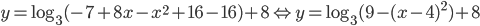 y=\log_3(-7+8x-x^2+16-16)+8\Leftrightarrow y=\log_3(9-(x-4)^2)+8