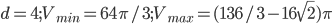 d=4; V_{min}=64\pi/3; V_{max}=(136/3-16\sqrt{2})\pi