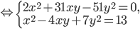 \Leftrightarrow\left\{\begin{array}{l l} 2x^2+31xy-51y^2=0,\\ x^2-4xy+7y^2=13\end{array}\right.