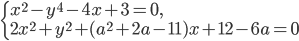 \left\{\begin{array}{l l} x^2-y^4-4x+3=0,\\ 2x^2+y^2+(a^2+2a-11)x+12-6a=0 \end{array}\right.