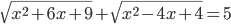 \sqrt{x^2+6x+9}+\sqrt{x^2-4x+4}=5