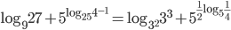 \log_9{27}+5^{\log_{25}4^{-1}}=\log_{3^2}3^3+5^{\frac{1}{2}\log_{5}{\frac{1}{4}}}