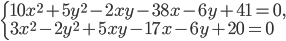 \left\{\begin{array}{l l} 10x^2+5y^2-2xy-38x-6y+41=0,\\3x^2-2y^2+5xy-17x-6y+20=0\end{array}\right.