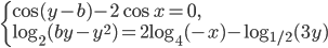 \left\{\begin{array}{l l} \cos (y-b)-2\cos x=0,\\ \log_2 (by-y^2)=2\log_4 (-x)-\log_{1/2} (3y)\end{array}\right.