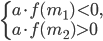 \left\{\begin{array}{l l} a\cdot f(m_1)<0,\\ a\cdot f(m_2)>0 \end{array}\right.