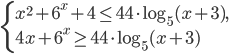 \left\{\begin{array}{l l} x^2+6^x+4\leq 44\cdot\log_5(x+3),\\ 4x+6^x\geq 44\cdot\log_5(x+3)\end{array}\right.