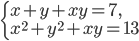 \left\{\begin{array}{l l} x+y+xy=7,\\x^2+y^2+xy=13\end{array}\right.