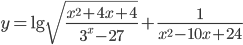y=\lg\sqrt{\frac{x^2+4x+4}{3^x-27}}+\frac{1}{x^2-10x+24}